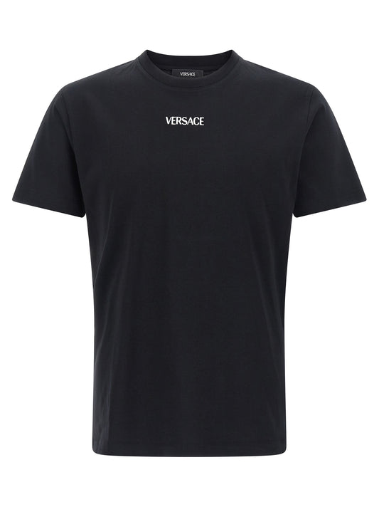 T-Shirt by Versace for men in cotton black showcases a dramatic silhouette, elegantly detailed with a dramatic crew neckline and short-sleeve for a truly dramatic finish.