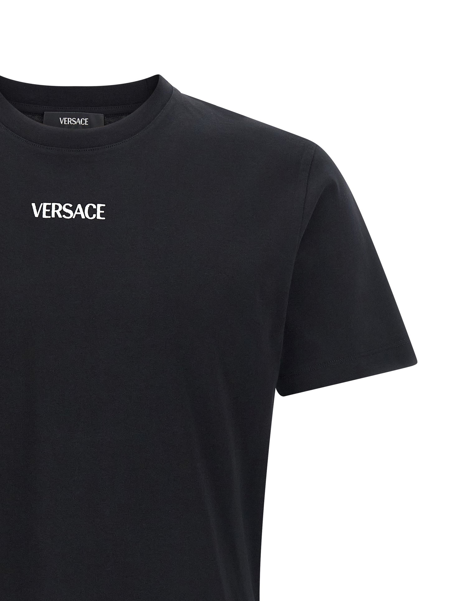 T-Shirt by Versace for men in cotton black showcases a unassuming silhouette, artfully detailed with a refined crew neckline and unassuming for a sophisticated, contemporary look.