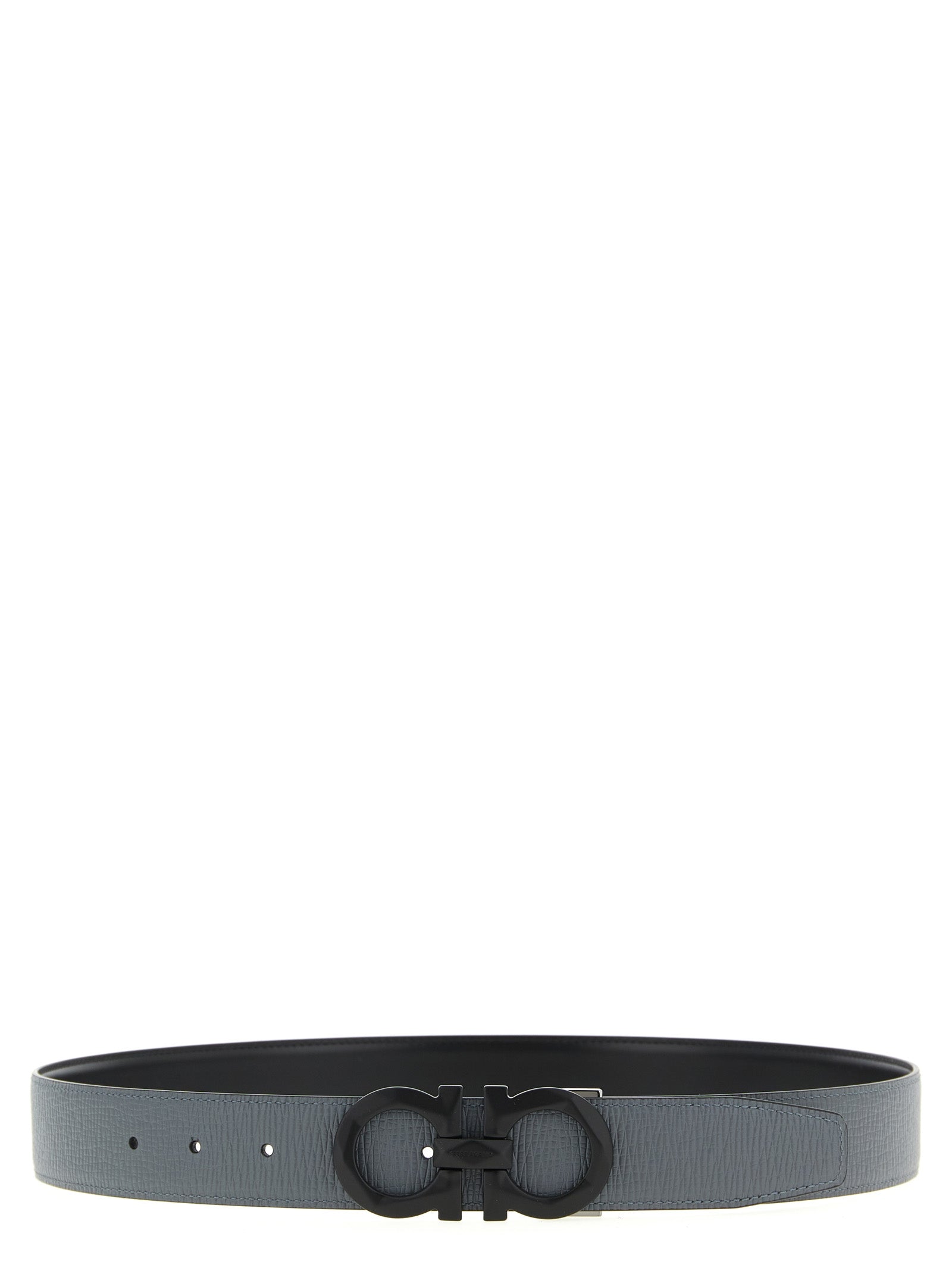 Belt by Ferragamo for men in calfskin leather black & gray features an artisanal silhouette, showcasing the artisanal craftsmanship of the Gancini Calfskin Leather Belt collection for a artisanal finish.