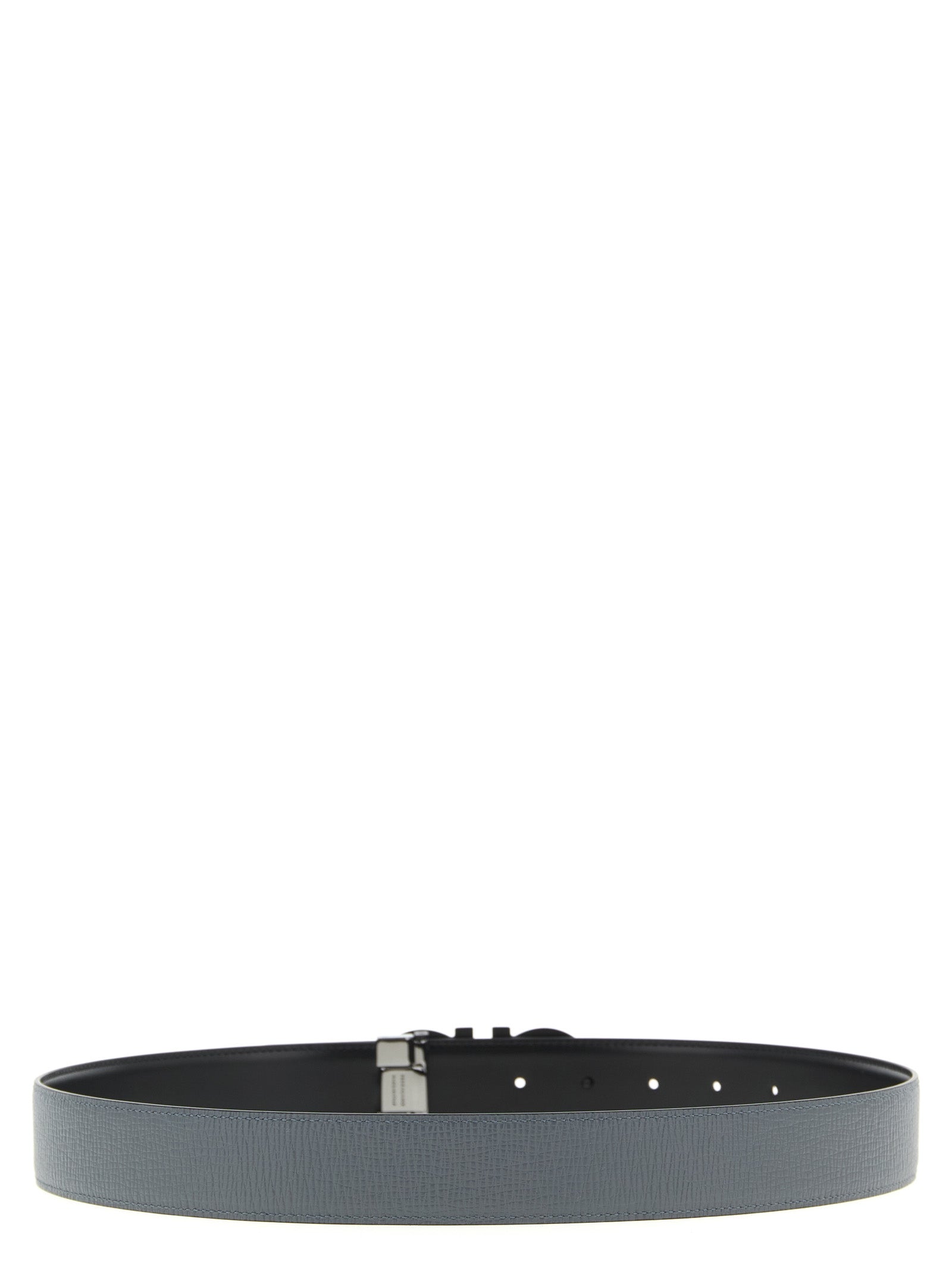 Belt by Ferragamo for men in calfskin leather black & gray presents a artisanal silhouette from the Gancini Calfskin Leather Belt collection, showcasing an artisanal design and refined craftsmanship for a artisanal look.