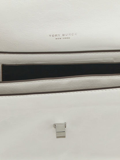 Shoulder Flap Bag by Tory Burch for women in lamb leather white features an effortlessly chic silhouette with a secure snap & flap, ample , and versatile shoulder-strap for effortlessly chic everyday luxury.