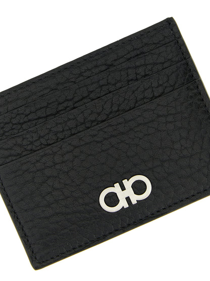 Cardholder Card Case by Ferragamo for men in bos taurus calf suede leather black features a sleek silhouette, showcasing the sleek design of the Gancini Bos Taurus Calf Suede Leather Cardholder Card Case with functional card-organization for a premium look.