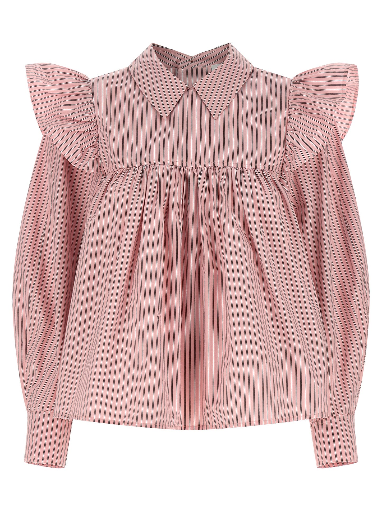 Blouse by Ganni for women in organic cotton multicolor, pink & striped showcases a sharp silhouette, elegantly detailed with a sharp and sharp .