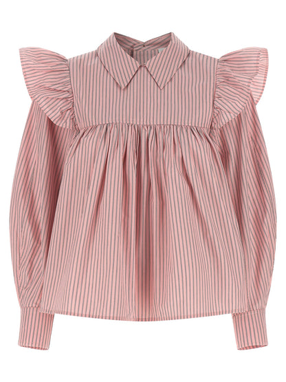 Blouse by Ganni for women in organic cotton multicolor, pink & striped showcases a sharp silhouette, elegantly detailed with a sharp and sharp .