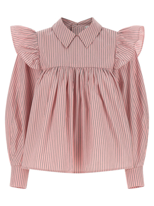 Blouse by Ganni for women in organic cotton multicolor, pink & striped showcases a sharp silhouette, elegantly detailed with a sharp and sharp .