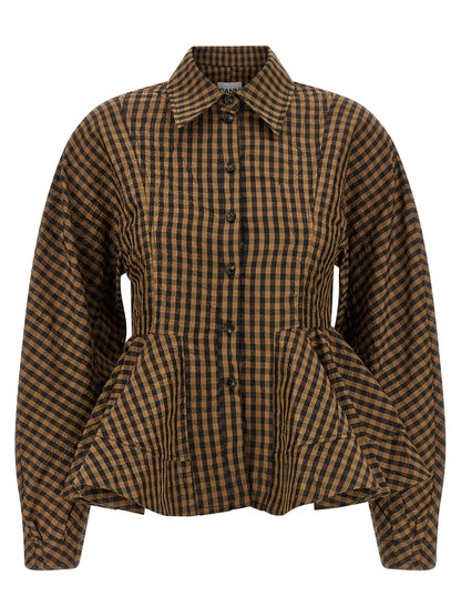 Blouse by Ganni for women in polyester brown & print presents a discerning silhouette, showcasing a sophisticated and for a truly discerning finish.