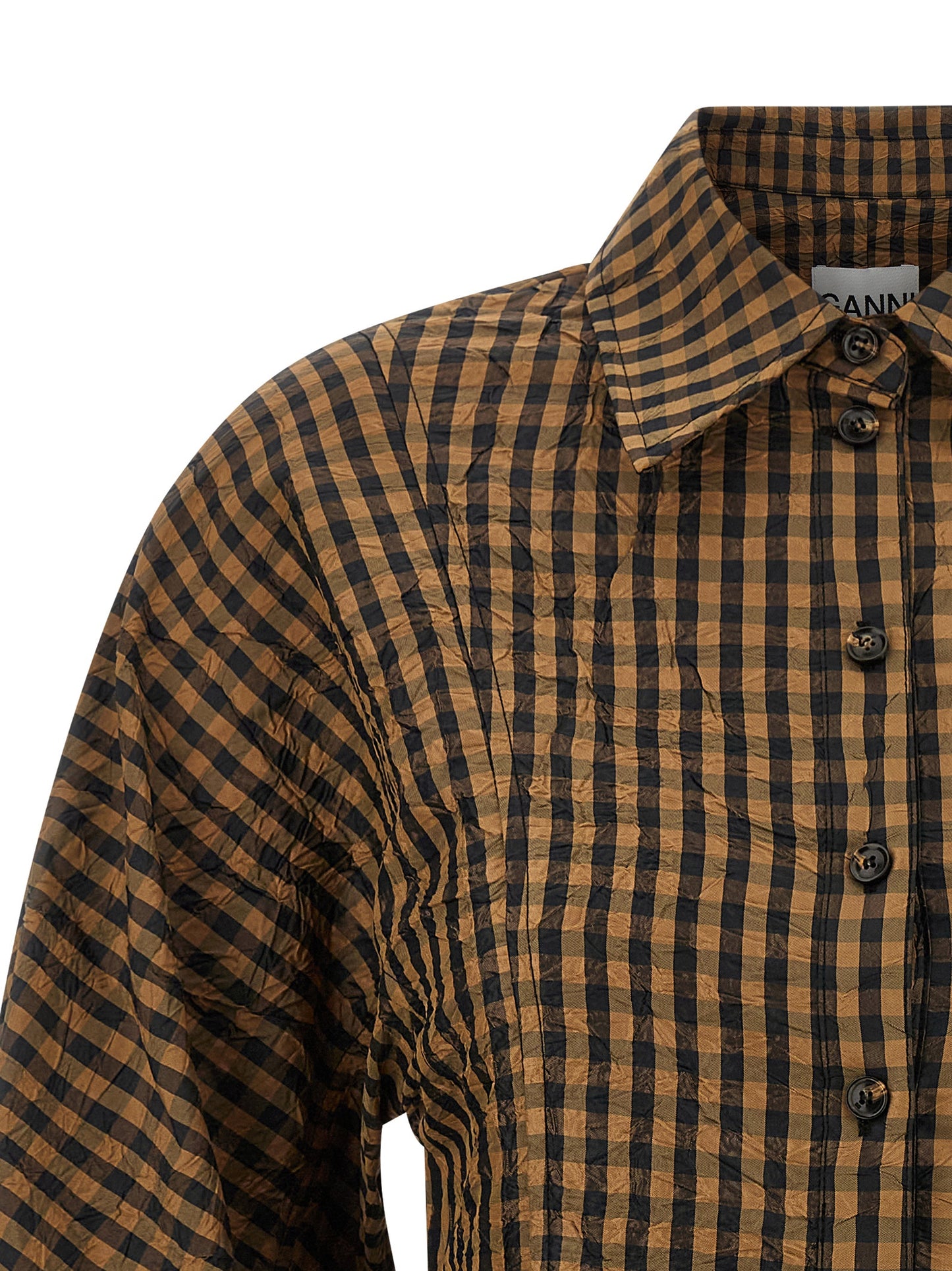 Blouse by Ganni for women in polyester brown & print features an polished silhouette, showcasing a sophisticated and detail for a truly polished finish.
