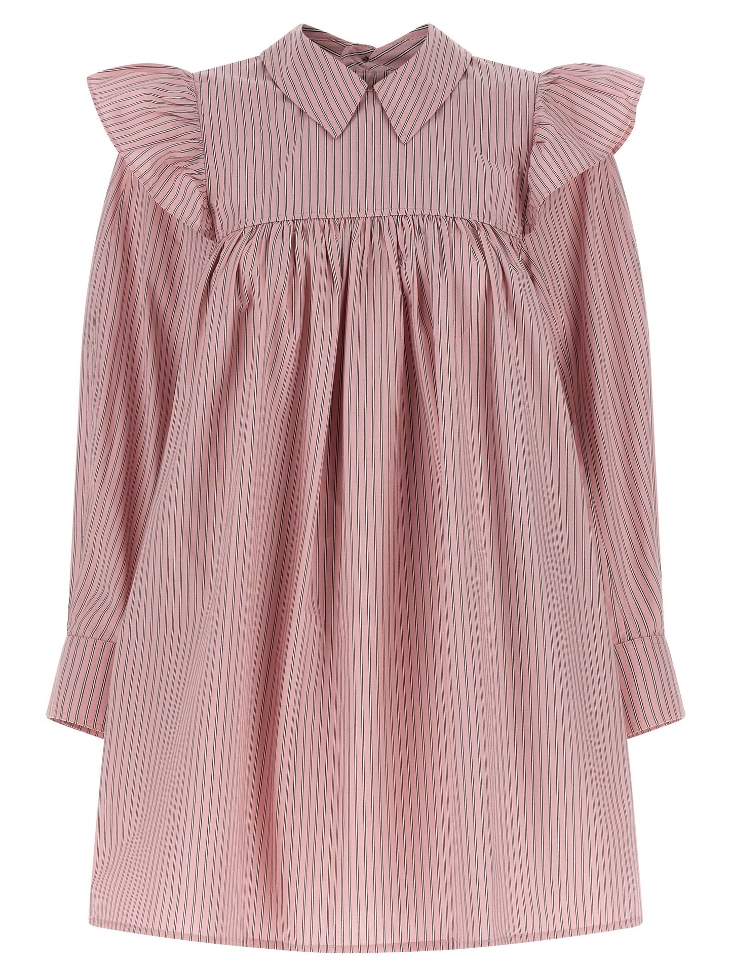 Dress by Ganni for women in organic cotton multicolor, pink & striped showcases a striking silhouette, elegantly detailed with a , refined , and a striking short mini for a striking finish.