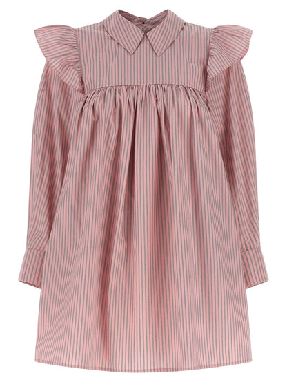 Dress by Ganni for women in organic cotton multicolor, pink & striped showcases a striking silhouette, elegantly detailed with a , refined , and a striking short mini for a striking finish.