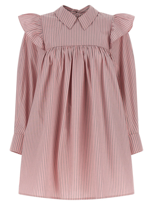 Dress by Ganni for women in organic cotton multicolor, pink & striped showcases a striking silhouette, elegantly detailed with a , refined , and a striking short mini for a striking finish.
