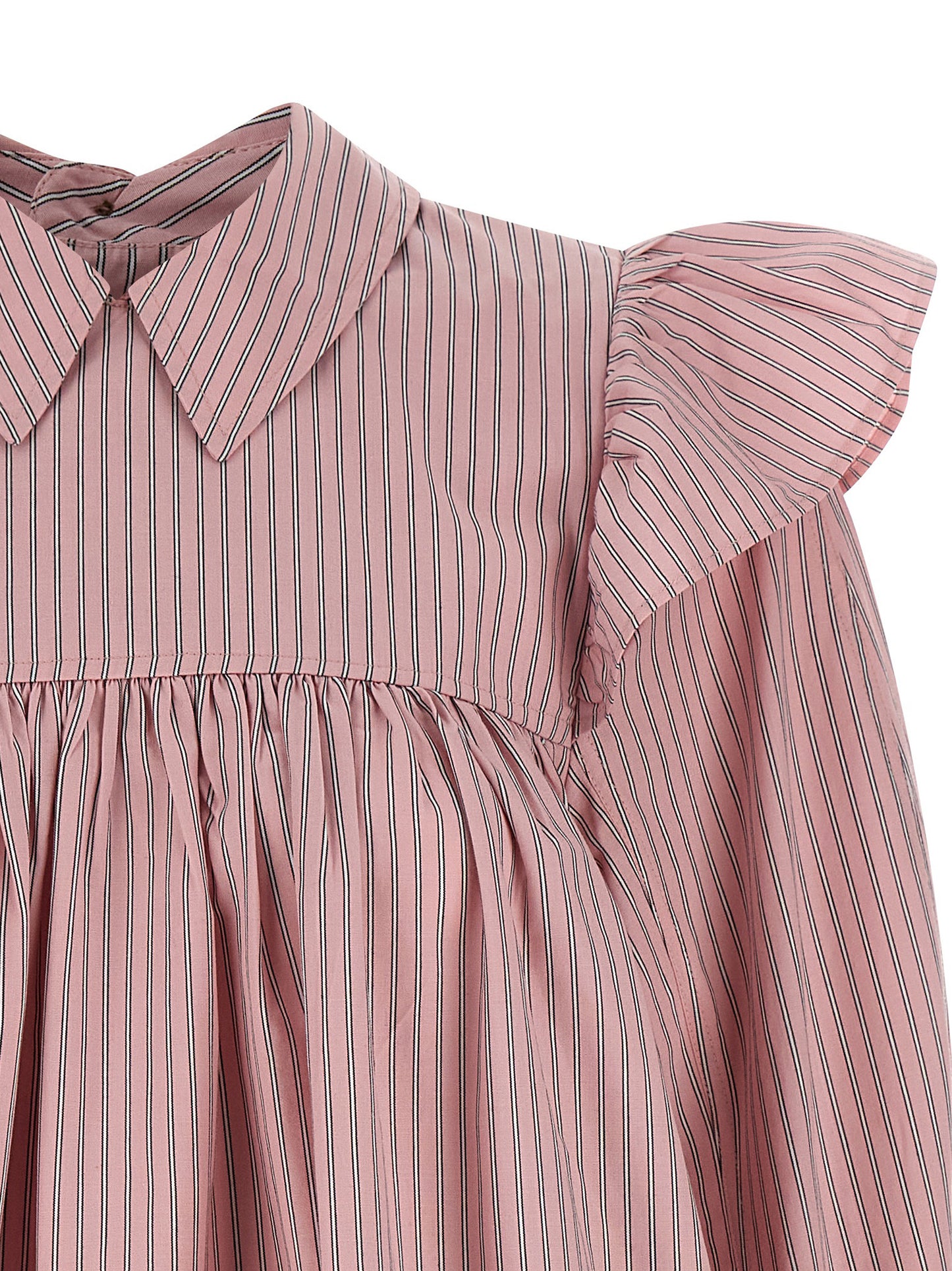 Dress by Ganni for women in organic cotton multicolor, pink & striped features an eye catching silhouette with a sophisticated , elegant , and a refined short mini for a eye catching aesthetic.