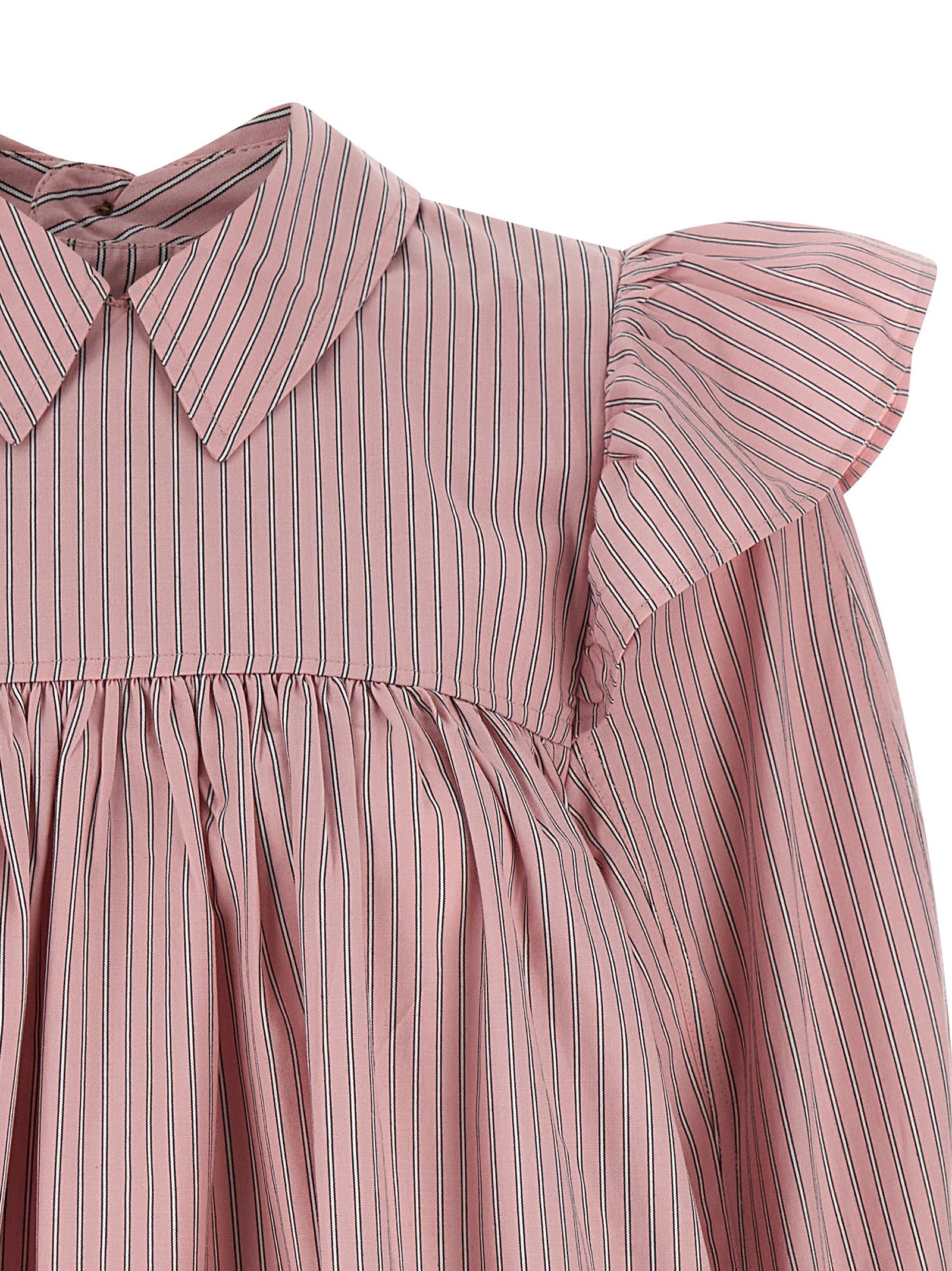 Dress by Ganni for women in organic cotton multicolor, pink & striped features an eye catching silhouette with a sophisticated , elegant , and a refined short mini for a eye catching aesthetic.