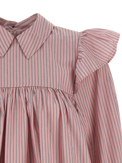 Dress by Ganni for women in organic cotton multicolor, pink & striped features an eye catching silhouette with a sophisticated , elegant , and a refined short mini for a eye catching aesthetic.