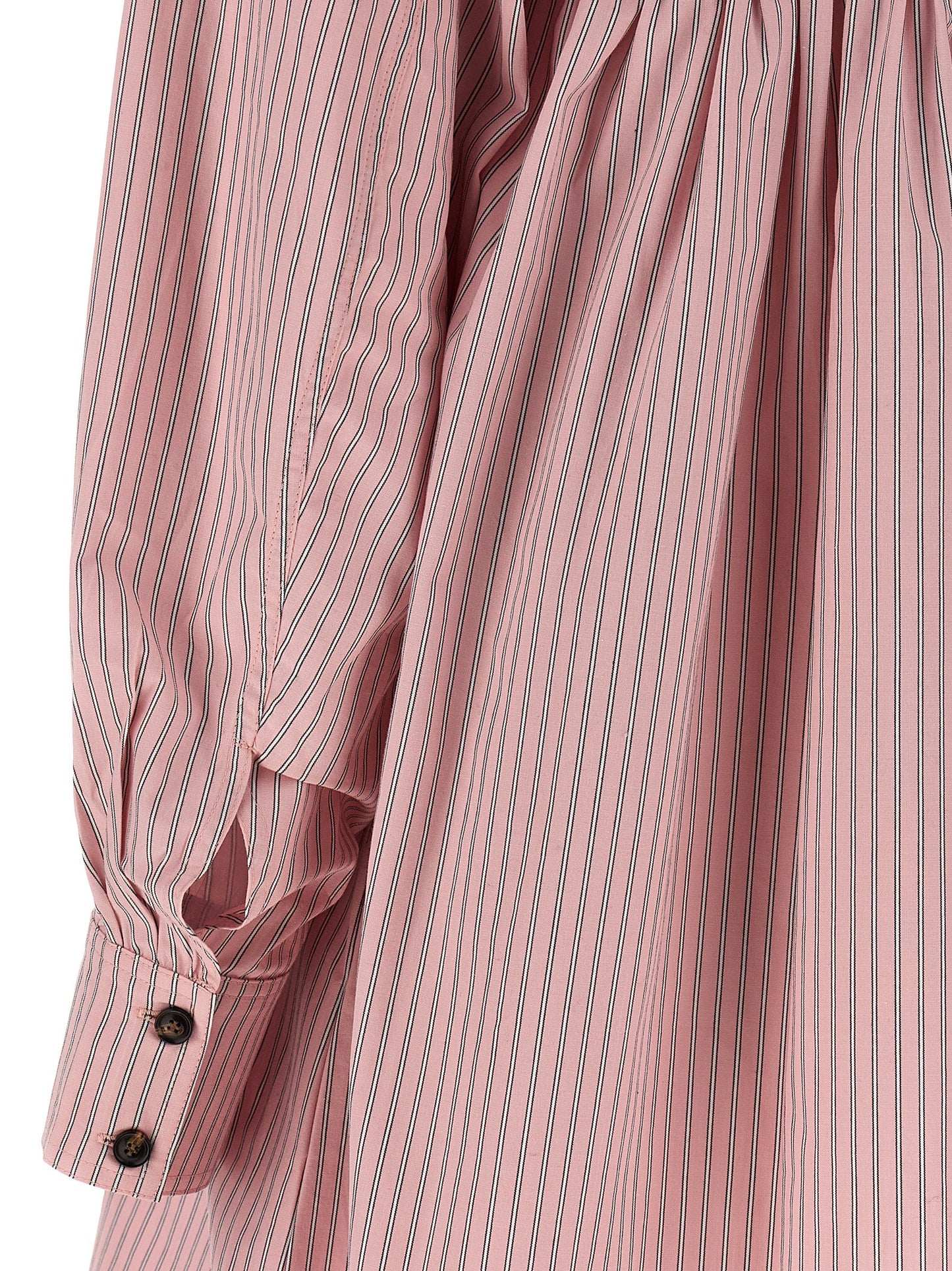 Dress by Ganni for women in organic cotton multicolor, pink & striped features an magnificent silhouette, artfully detailed with a magnificent and that flows into an magnificent short mini.