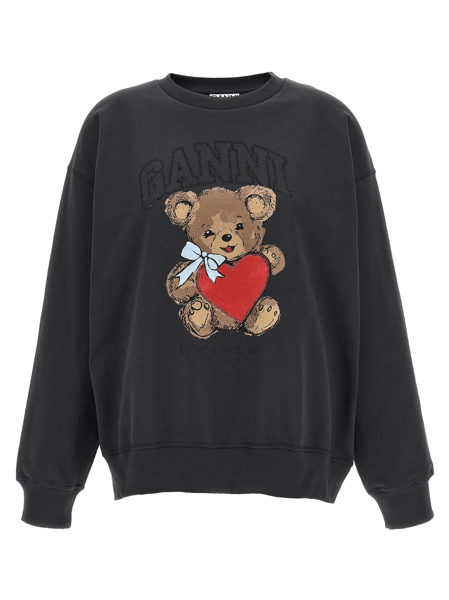 Sweatshirt by Ganni for women in organic cotton & rhinestone black & print features an exquisite silhouette, showcasing and details for a exquisite look.
