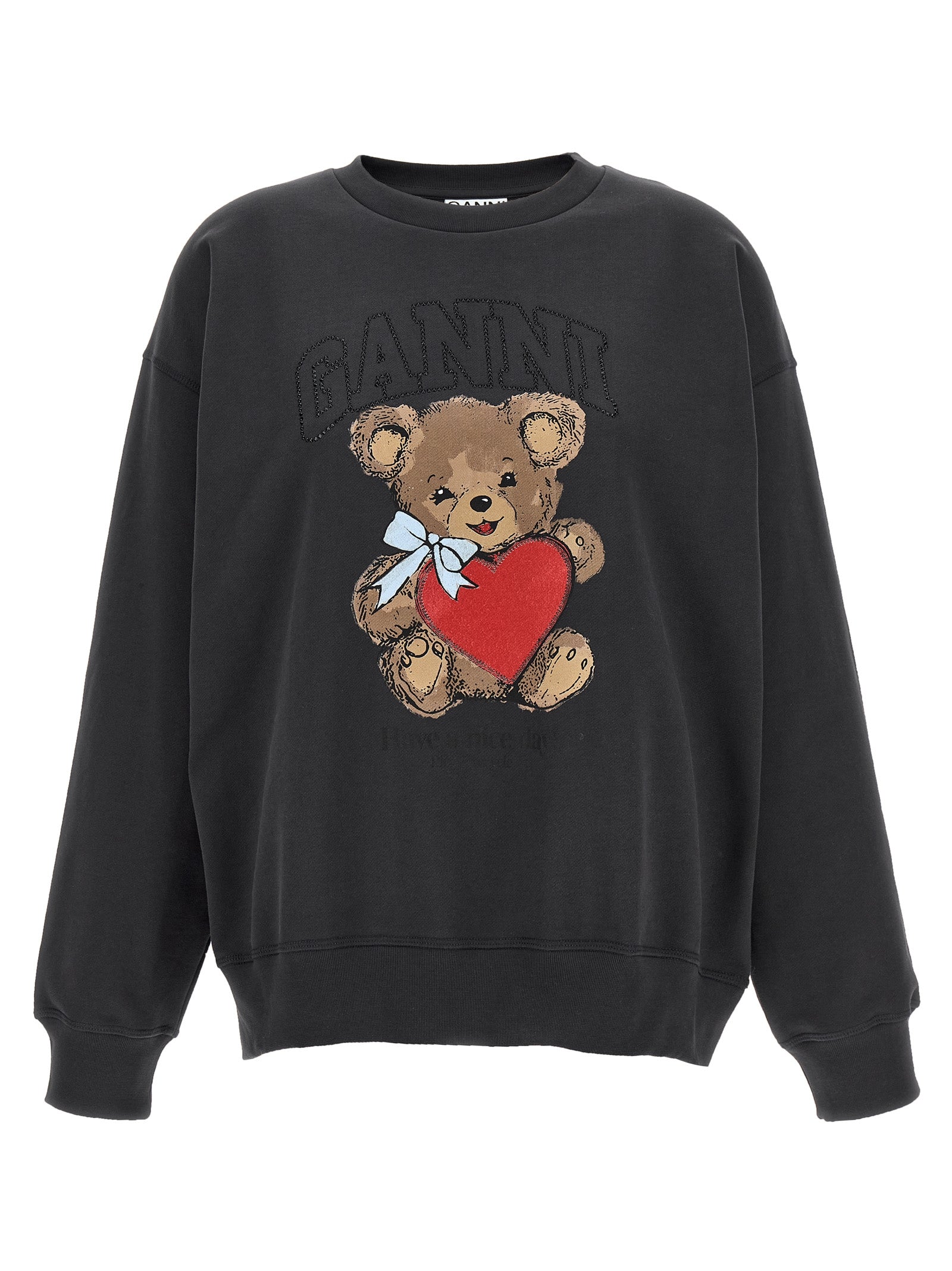 Sweatshirt by Ganni for women in organic cotton & rhinestone black & print features an exquisite silhouette, showcasing and details for a exquisite look.