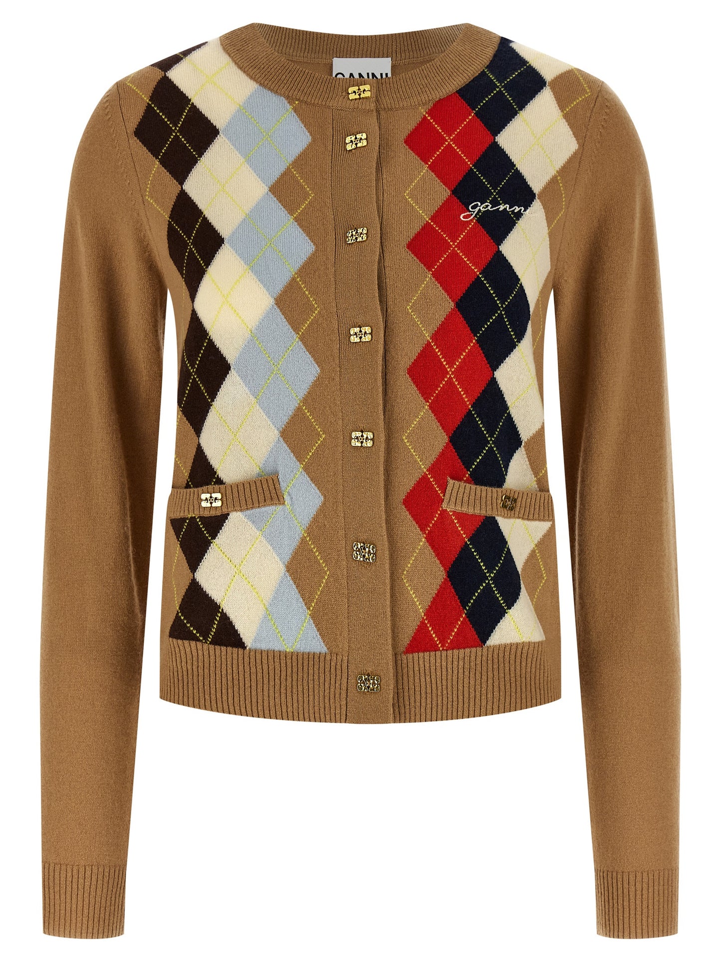 Cardigan by Ganni for women in cashmere beige & patterned showcases a luxurious silhouette, meticulously detailed with a sophisticated crew neckline and long-sleeve for a refined finish.