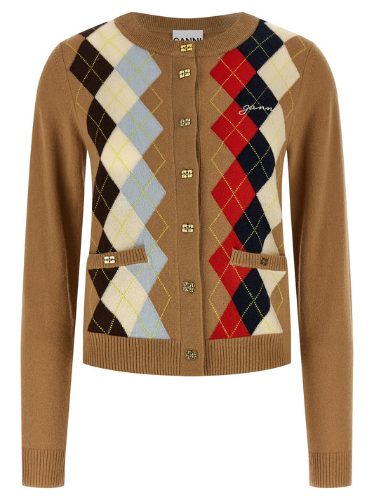 Cardigan by Ganni for women in cashmere beige & patterned showcases a luxurious silhouette, meticulously detailed with a sophisticated crew neckline and long-sleeve for a refined finish.