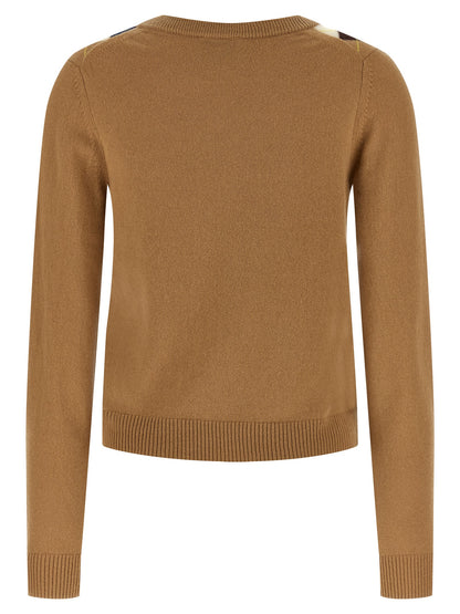 Cardigan by Ganni for women in cashmere beige & patterned showcases a luxurious silhouette, meticulously detailed with a sophisticated crew neckline and for a refined finish.