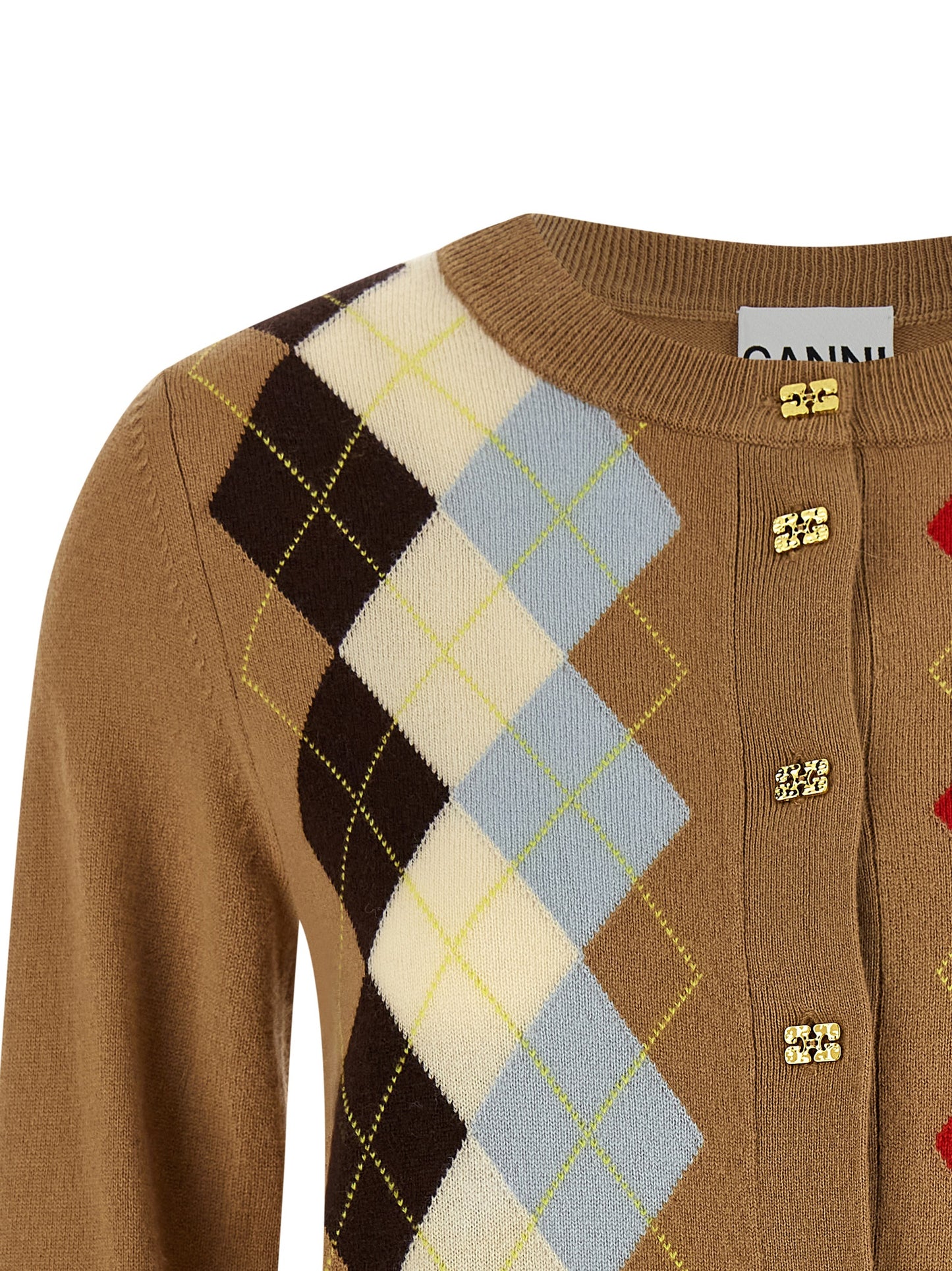 Cardigan by Ganni for women in cashmere beige & patterned showcases a captivating silhouette, artfully detailed with a captivating and crew neckline for a truly sophisticated captivating look.