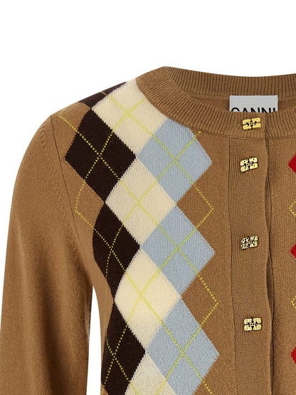 Cardigan by Ganni for women in cashmere beige & patterned showcases a captivating silhouette, artfully detailed with a captivating and crew neckline for a truly sophisticated captivating look.
