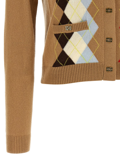 Cardigan by Ganni for women in cashmere beige & patterned presents a textural silhouette, artfully finished with a textural and for a sophisticated, textural look.