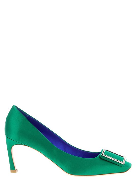 Mid-Heel Pumps Heels by Roger Vivier for women in silk satin viscose & leather and bicolour & green showcases a effortlessly elegant silhouette as Women's Silk Satin Viscose & Leather Mid-Heel Pumps Heels, featuring a effortlessly elegant mid-heel and a effortlessly elegant square toe style for an elegant look.