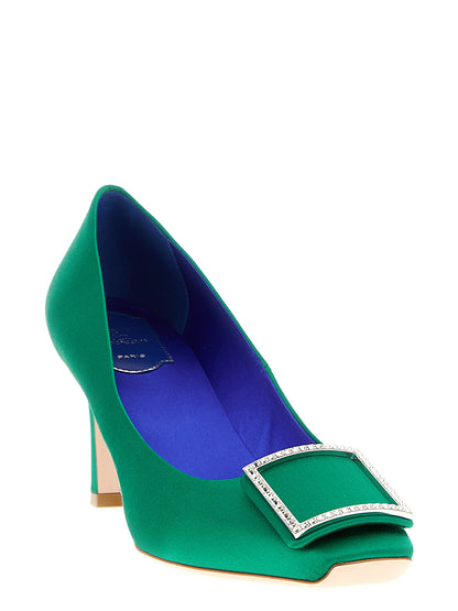 Mid-Heel Pumps Heels by Roger Vivier for women in silk satin viscose & leather bicolour & green showcases a exquisite silhouette, perfectly accentuating Women's Silk Satin Viscose & Leather Mid-Heel Pumps Heels with a exquisite mid-heel and exquisite square toe style.