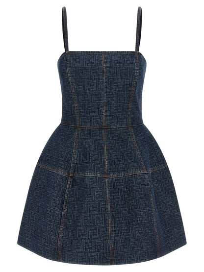 Fendi Women's Corset Bustier Denim Cotton Short Mini Dress - Blue Patterned