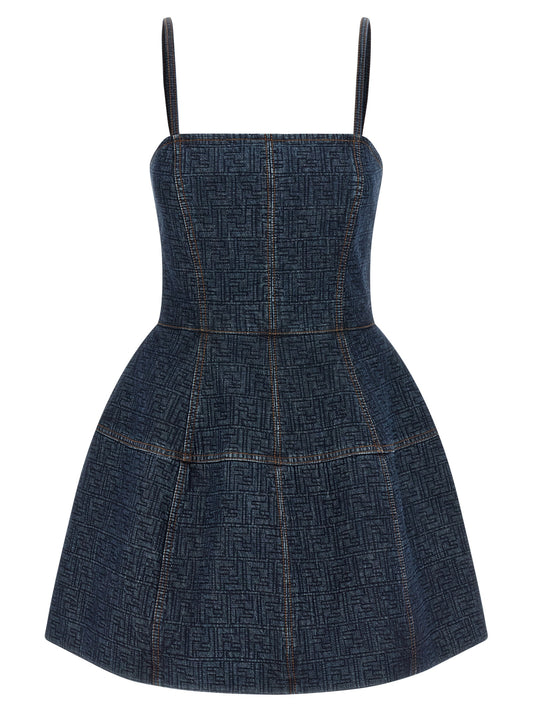 Fendi Women's Corset Bustier Denim Cotton Short Mini Dress - Blue Patterned