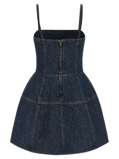 Fendi Women's Corset Bustier Denim Cotton Short Mini Dress - Blue Patterned