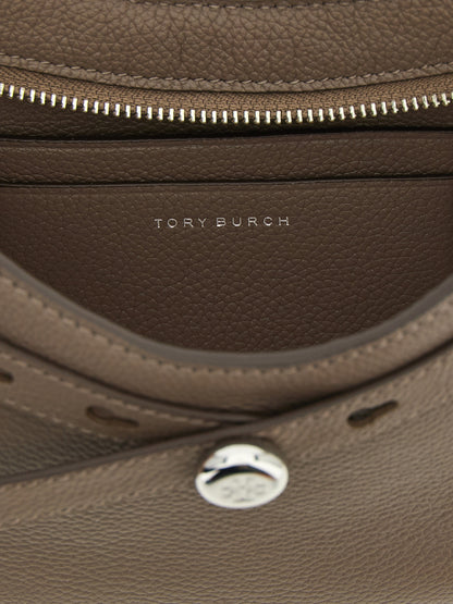 Shoulder Bag by Tory Burch for women in suede leather brown features a effortless chic silhouette with a secure zipper, ample , and versatile shoulder-strap & adjustable-strap for a effortless chic finish.