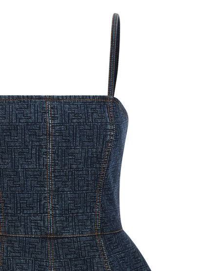 Fendi Women's Corset Bustier Denim Cotton Short Mini Dress - Blue Patterned
