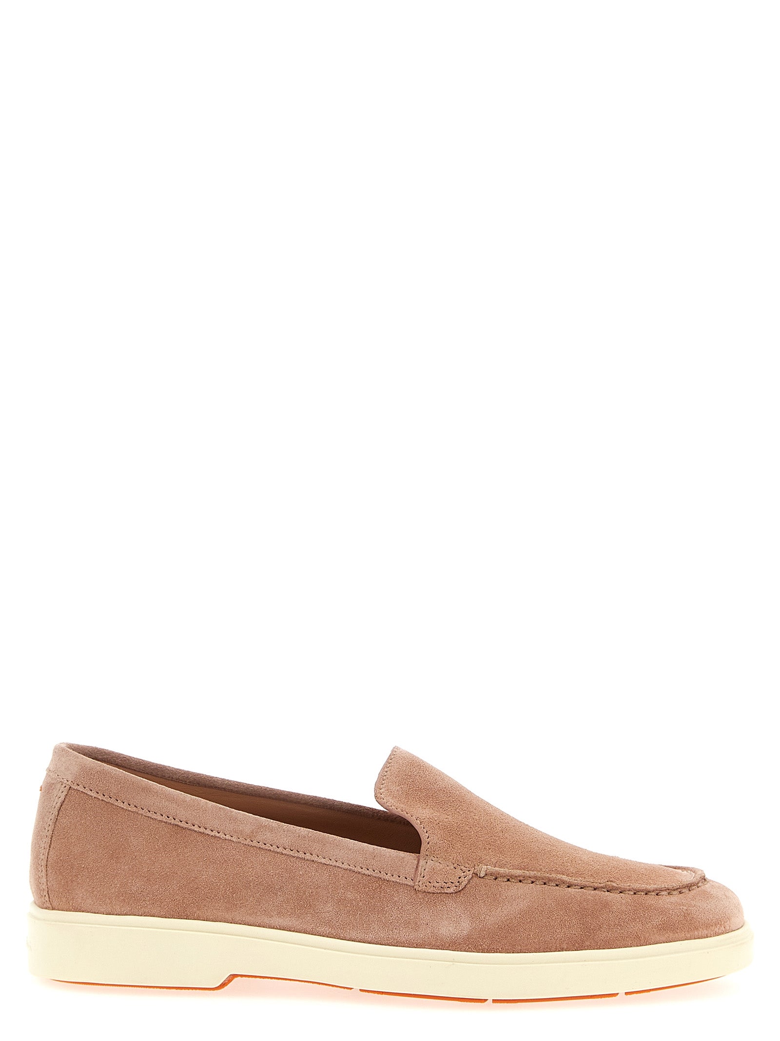 Flat Loafer Slip-On Shoes by Santoni for women in suede calfskin leather multicolor & pink showcases a resplendent Women's Suede Calfskin Leather Flat Loafer Slip-On Shoes aesthetic, defined by its resplendent and elegant flat.