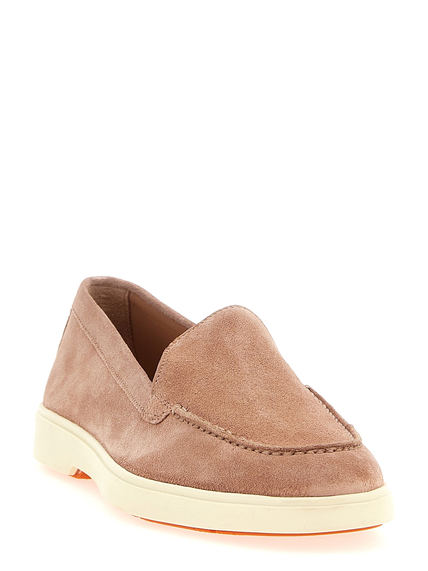 Flat Loafer Slip-On Shoes by Santoni for women in suede calfskin leather multicolor & pink showcases a resplendent Women's Suede Calfskin Leather Flat Loafer Slip-On Shoes aesthetic, defined by its resplendent and elegant flat.