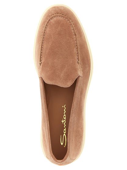 Flat Loafer Slip-On Shoes by Santoni for women in suede calfskin leather multicolor & pink features an ergonomic silhouette, perfectly showcasing Women's Suede Calfskin Leather Flat Loafer Slip-On Shoes with its distinct flat and elegant .