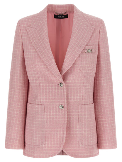 Blazer by Versace for women in virgin wool & nylon multicolor & pink features an stylish silhouette, showcasing a sophisticated split neckline and stylish for a truly stylish finish.