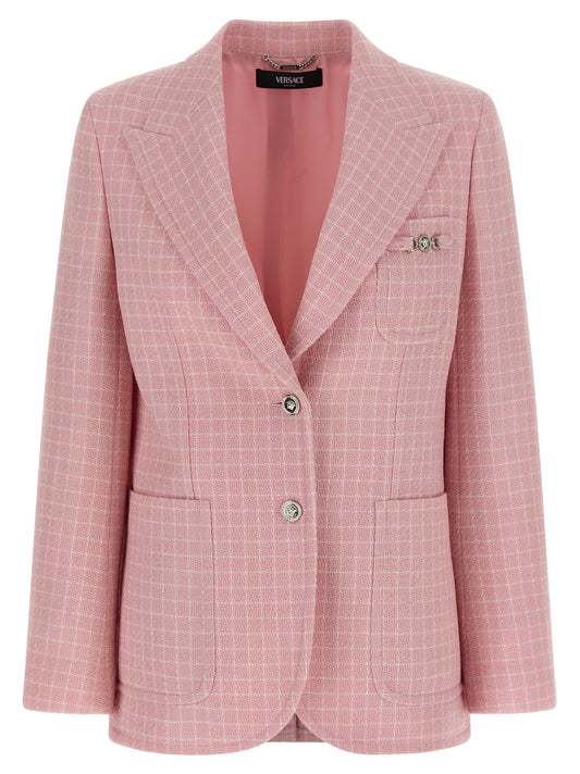 Blazer by Versace for women in virgin wool & nylon multicolor & pink features an stylish silhouette, showcasing a sophisticated split neckline and stylish for a truly stylish finish.