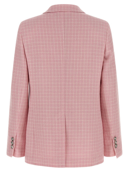 Blazer by Versace for women in virgin wool & nylon multicolor & pink features an crisp silhouette with sophisticated and a crisp split neckline for a truly crisp finish.
