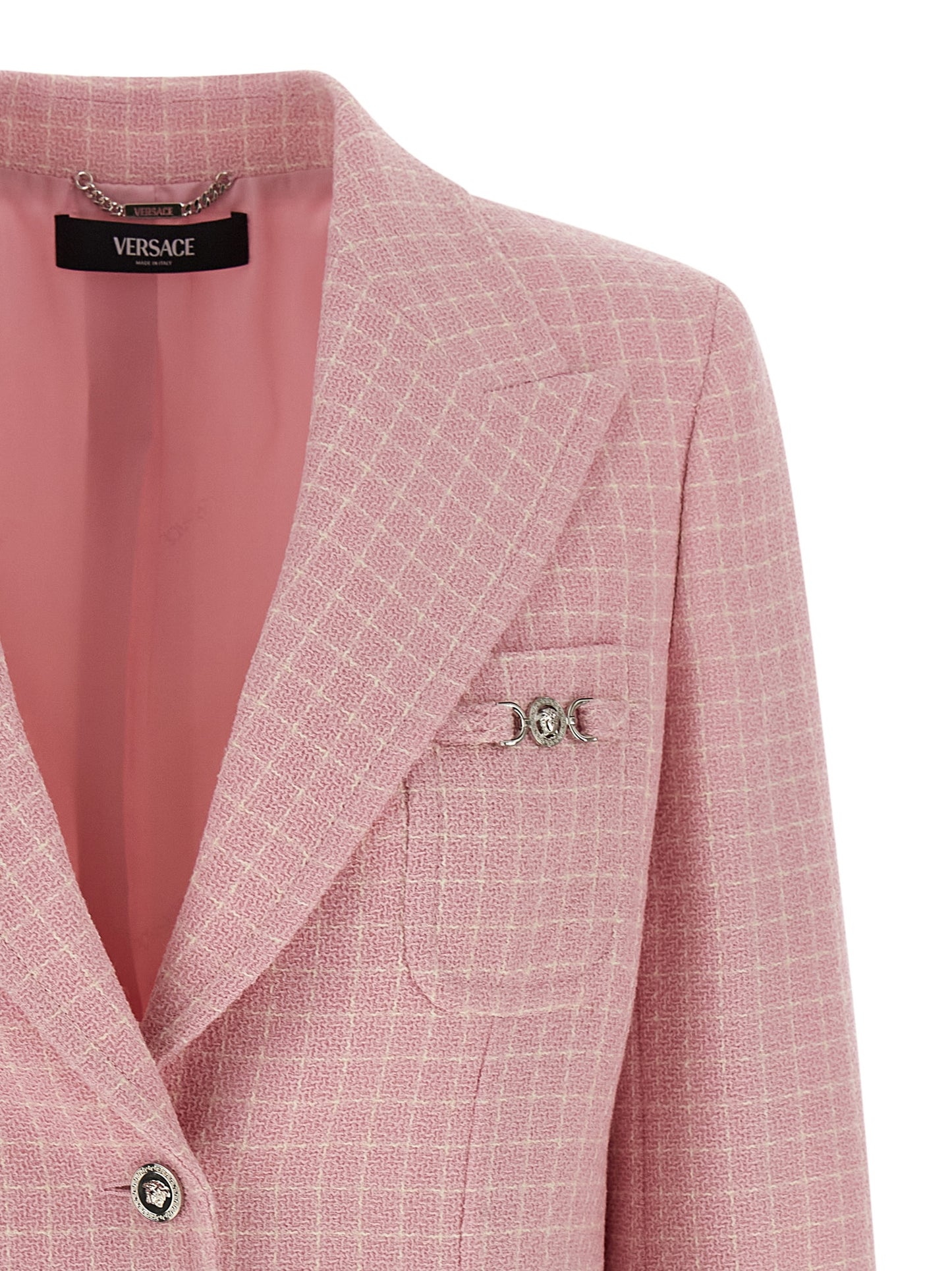 Blazer by Versace for women in virgin wool & nylon multicolor & pink showcases a polished silhouette, highlighted by a refined split neckline and polished for a sophisticated finish.
