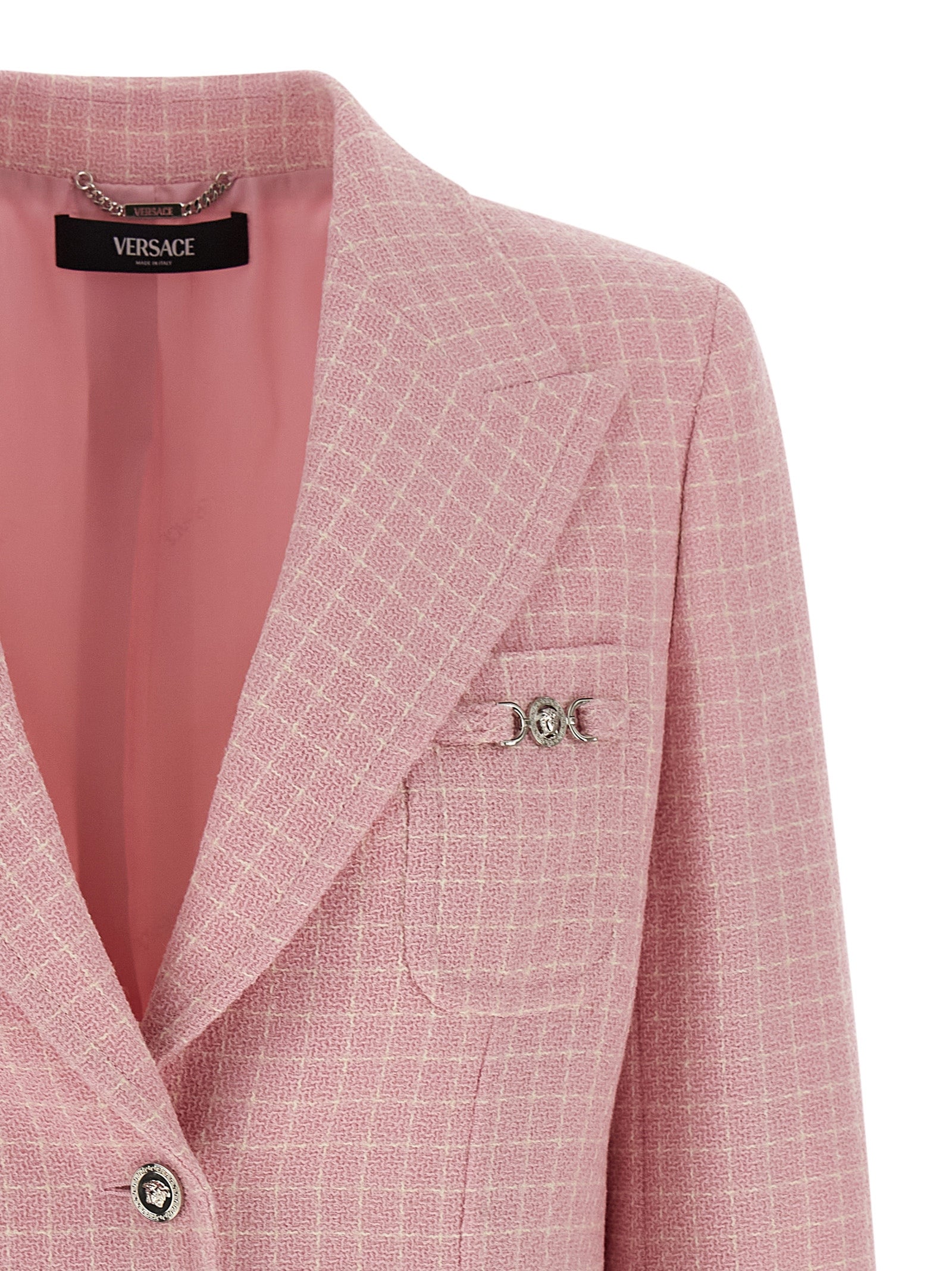 Blazer by Versace for women in virgin wool & nylon multicolor & pink showcases a polished silhouette, highlighted by a refined split neckline and polished for a sophisticated finish.