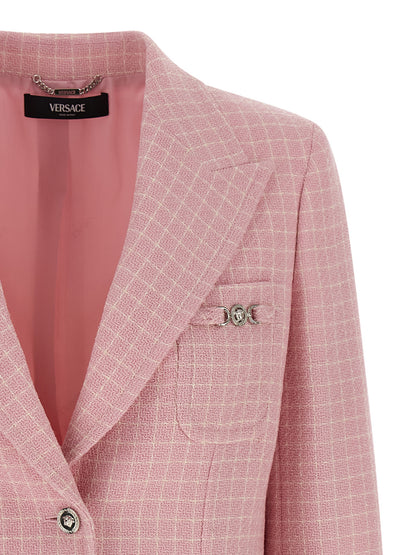 Blazer by Versace for women in virgin wool & nylon multicolor & pink showcases a polished silhouette, highlighted by a refined split neckline and polished for a sophisticated finish.