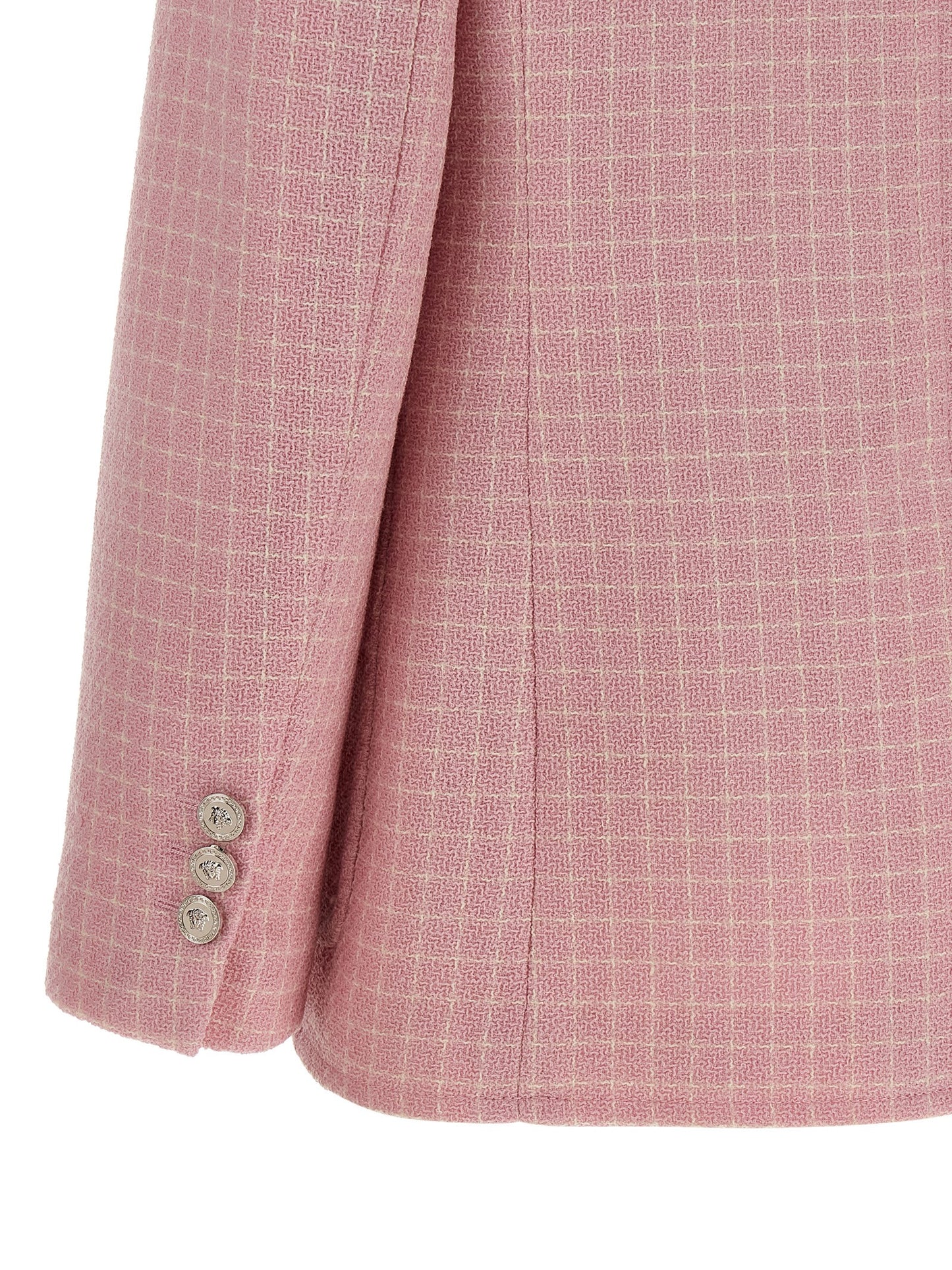 Blazer by Versace for women in virgin wool & nylon multicolor & pink showcases a discerning silhouette, elegantly detailed with a sophisticated and premium for a truly discerning finish.