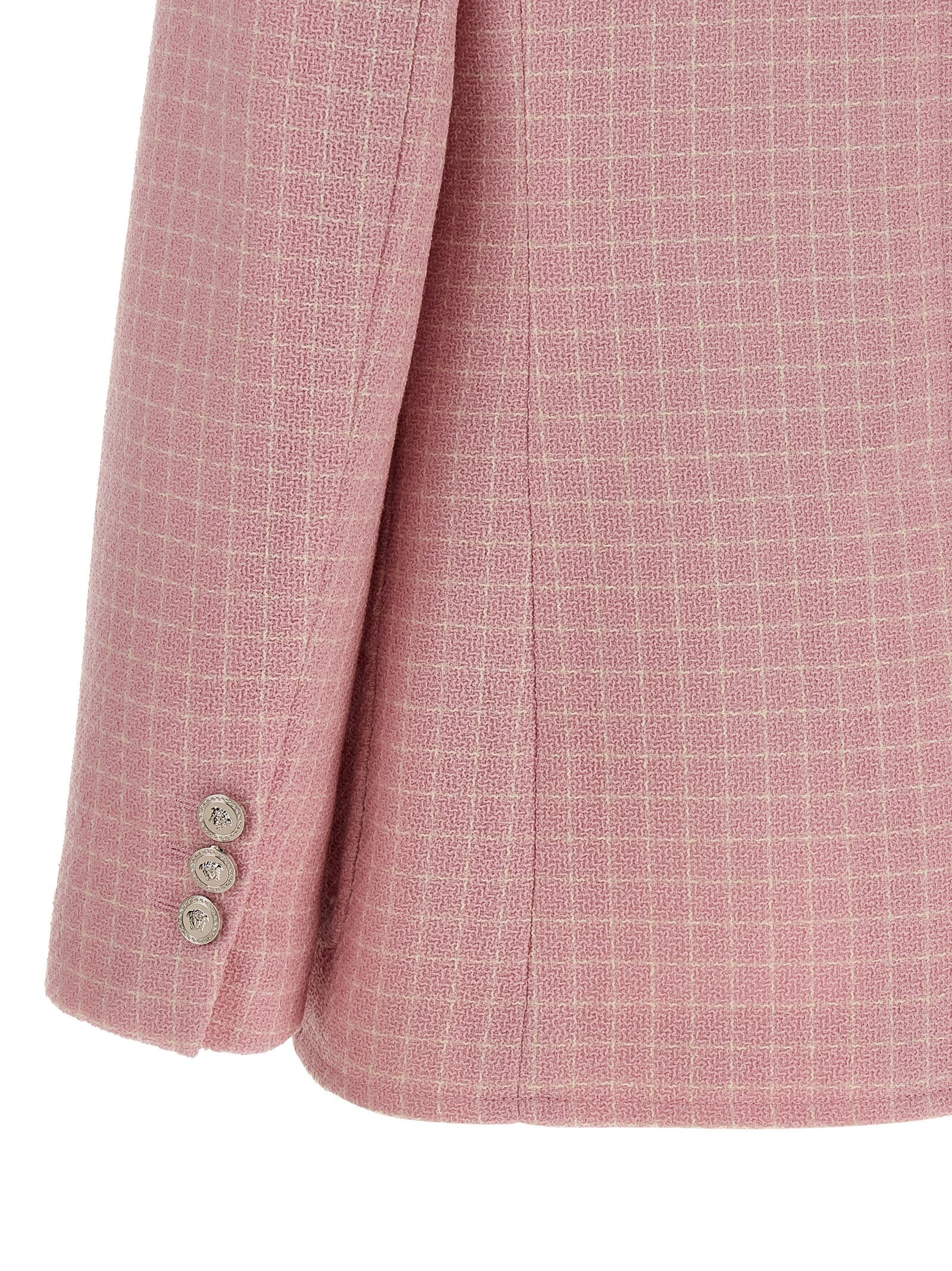 Blazer by Versace for women in virgin wool & nylon multicolor & pink showcases a discerning silhouette, elegantly detailed with a sophisticated and premium for a truly discerning finish.