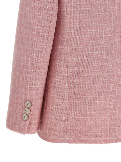 Blazer by Versace for women in virgin wool & nylon multicolor & pink showcases a discerning silhouette, elegantly detailed with a sophisticated and premium for a truly discerning finish.