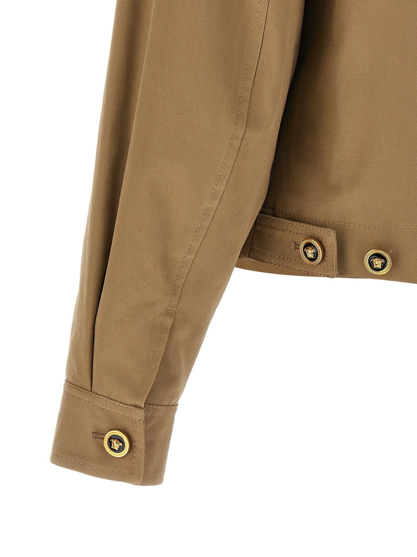 Jacket by Versace for men in cotton beige showcases a contemporary silhouette, detailed with a contemporary and premium pockets for a sophisticated finish.