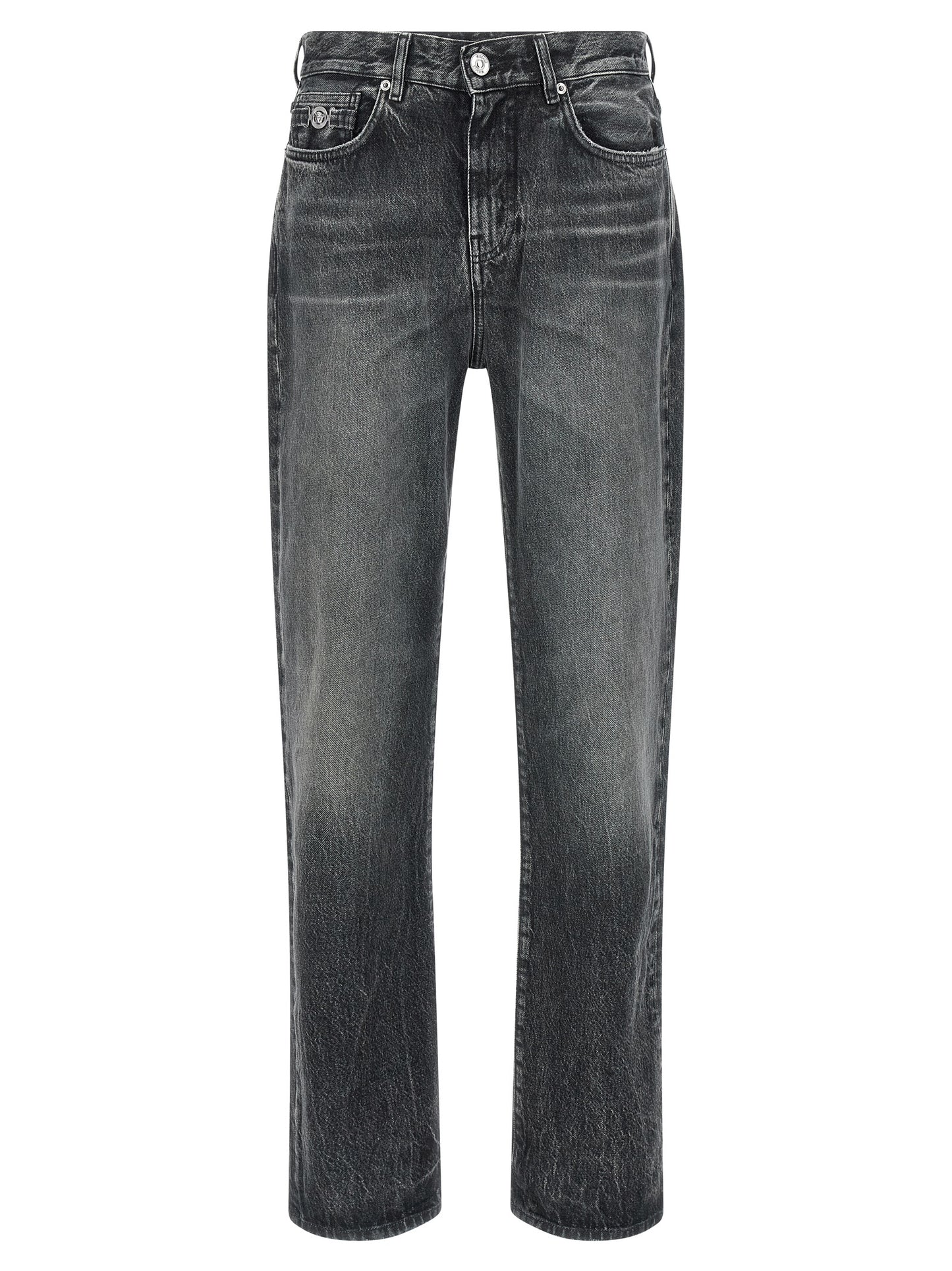 Jeans by Versace for men in cotton denim gray & signature presents a tailored silhouette, showcasing a tailored straight-leg & wide and long cut with a refined for a truly tailored aesthetic.