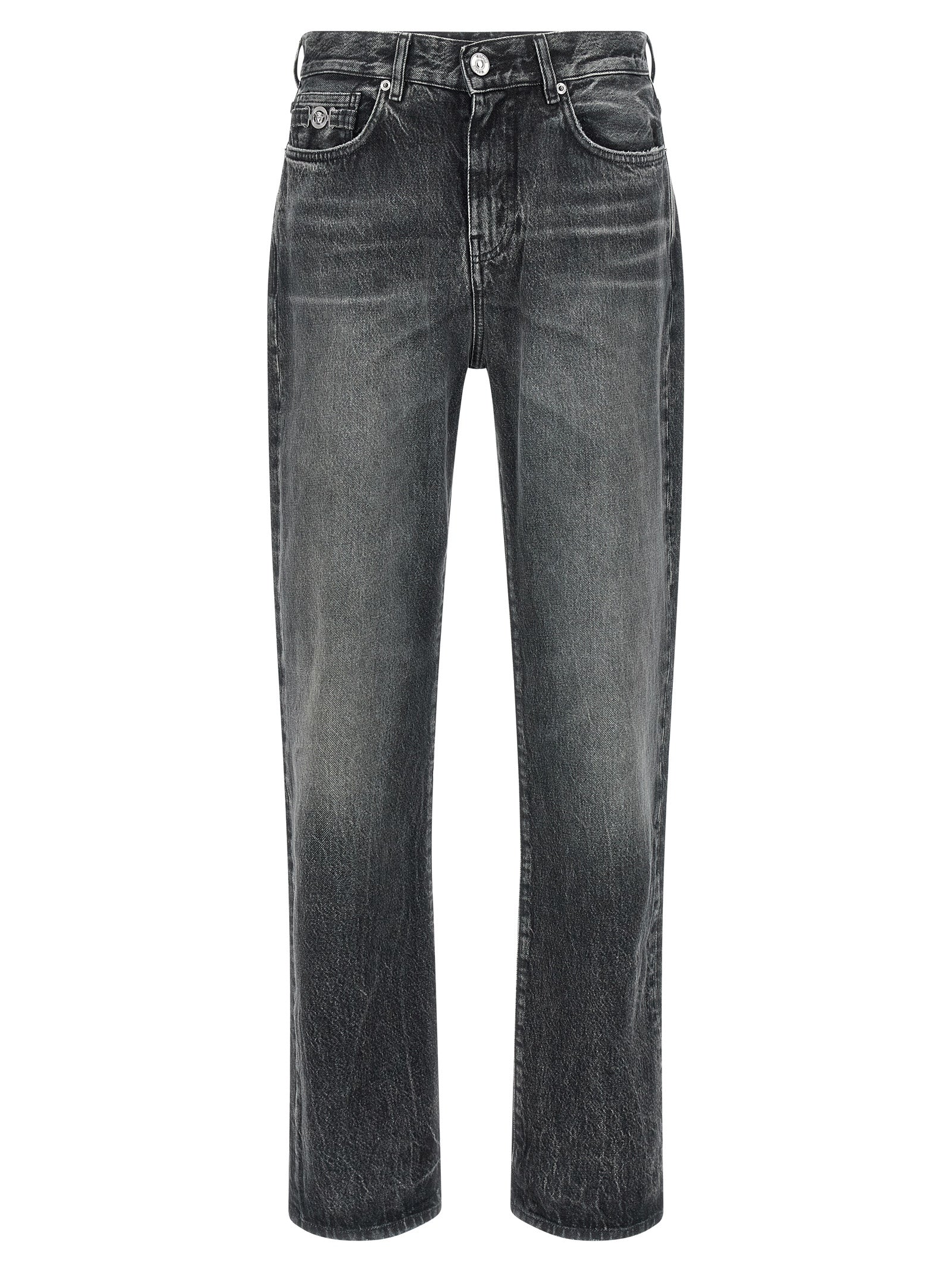 Jeans by Versace for men in cotton denim gray & signature presents a tailored silhouette, showcasing a tailored straight-leg & wide and long cut with a refined for a truly tailored aesthetic.