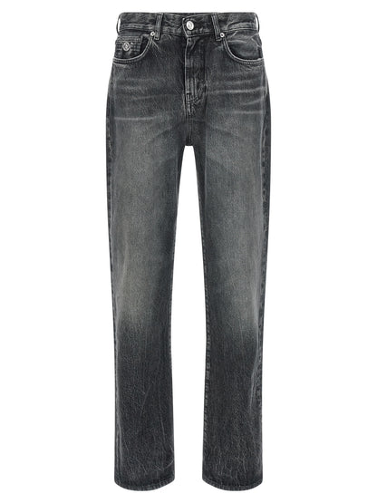 Jeans by Versace for men in cotton denim gray & signature presents a tailored silhouette, showcasing a tailored straight-leg & wide and long cut with a refined for a truly tailored aesthetic.