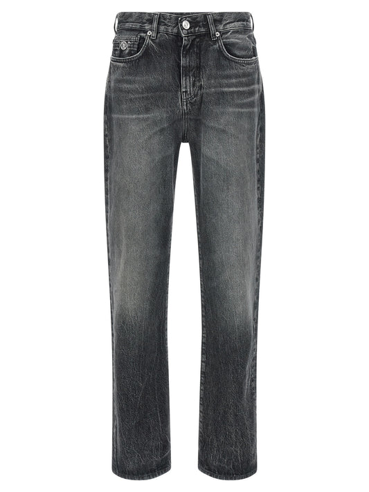 Jeans by Versace for men in cotton denim gray & signature presents a tailored silhouette, showcasing a tailored straight-leg & wide and long cut with a refined for a truly tailored aesthetic.